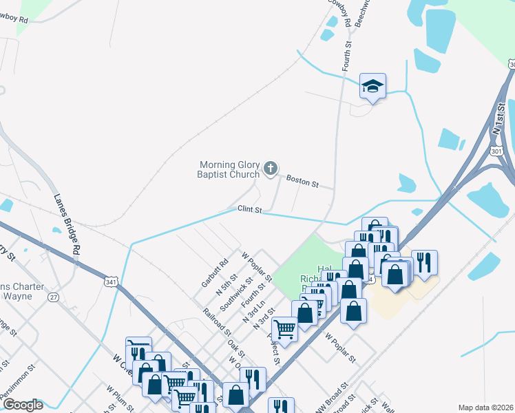 map of restaurants, bars, coffee shops, grocery stores, and more near 226 Clint Street in Jesup