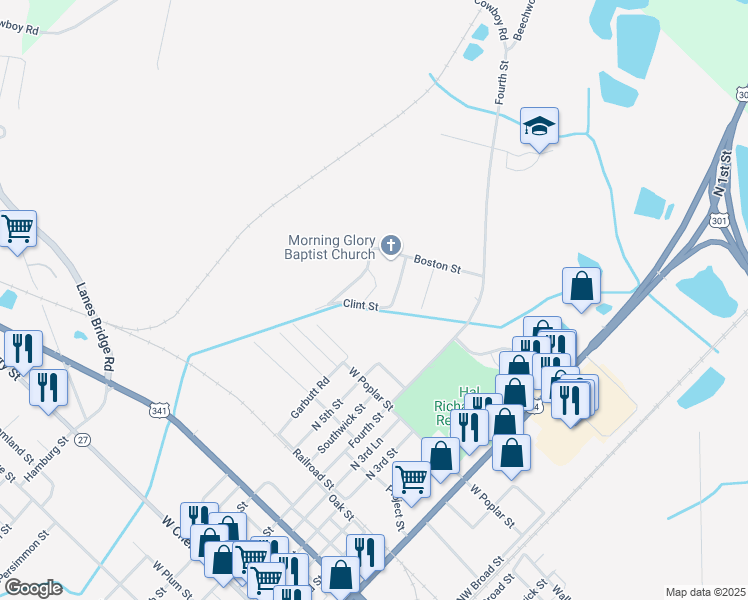 map of restaurants, bars, coffee shops, grocery stores, and more near 226 Clint Street in Jesup