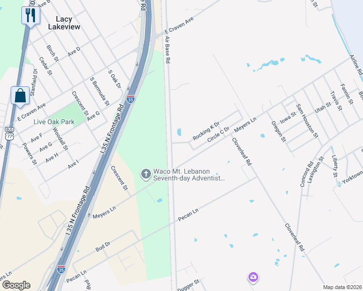 map of restaurants, bars, coffee shops, grocery stores, and more near 1704 Bronco in Waco