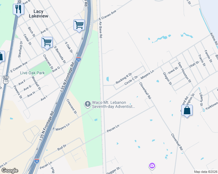 map of restaurants, bars, coffee shops, grocery stores, and more near 4405 Rocking K Drive in Waco