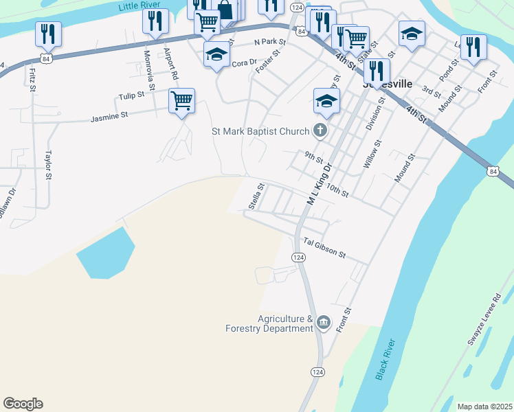 map of restaurants, bars, coffee shops, grocery stores, and more near 1224 South Gohegan Street in Jonesville