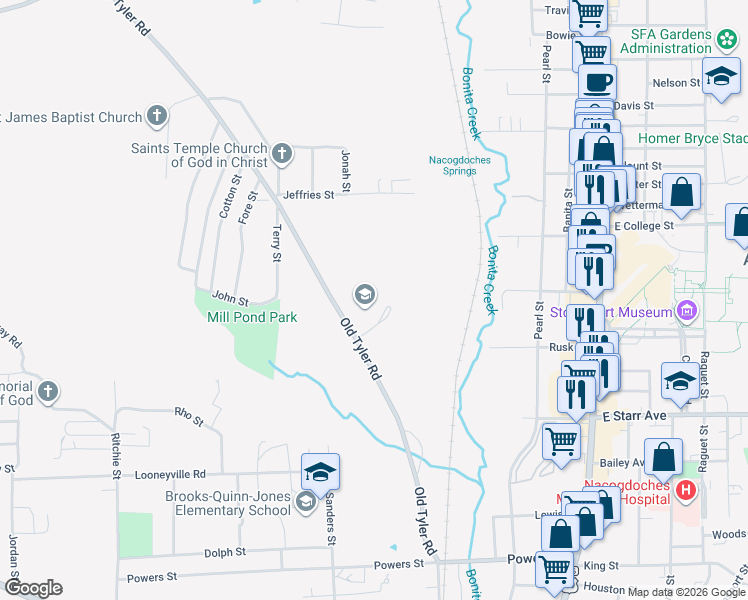 map of restaurants, bars, coffee shops, grocery stores, and more near 123 Quail Ridge Drive in Nacogdoches