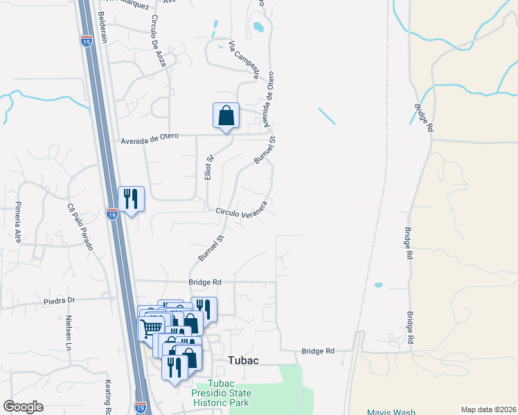 map of restaurants, bars, coffee shops, grocery stores, and more near 60 Rosalies Court in Tubac