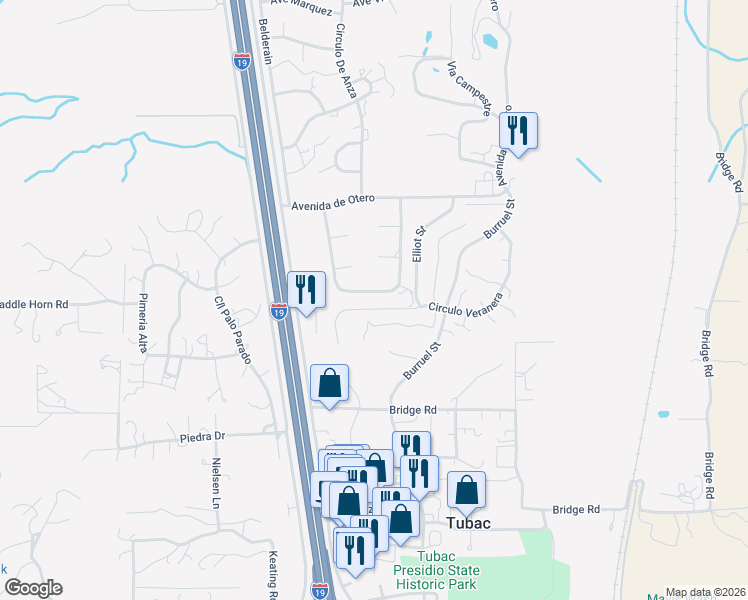 map of restaurants, bars, coffee shops, grocery stores, and more near 30 Circulo Diego Rivera in Tubac