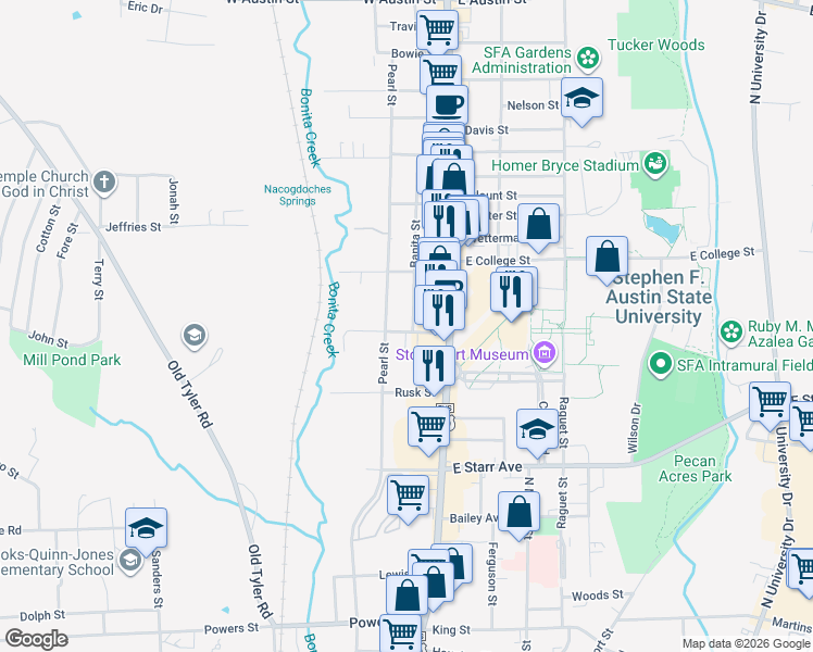 map of restaurants, bars, coffee shops, grocery stores, and more near 1923 Banita Street in Nacogdoches
