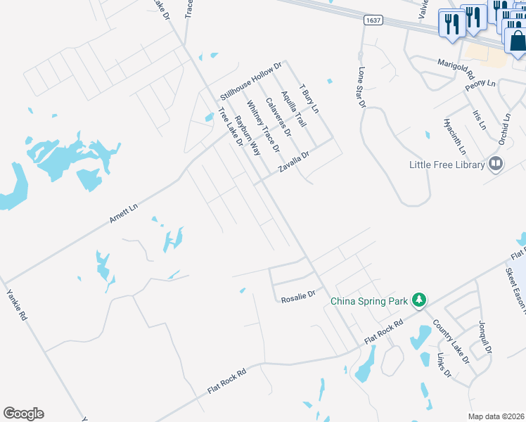 map of restaurants, bars, coffee shops, grocery stores, and more near 5524 Zavalla Drive in Waco