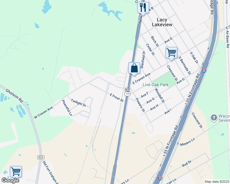 map of restaurants, bars, coffee shops, grocery stores, and more near 116 West Craven Avenue in Waco