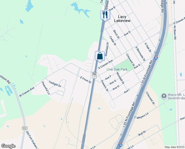 map of restaurants, bars, coffee shops, grocery stores, and more near 102 Old Dallas Road in Waco