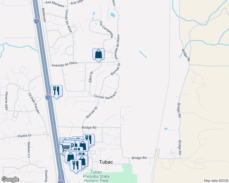 map of restaurants, bars, coffee shops, grocery stores, and more near 204 Circulo Veranera in Tubac
