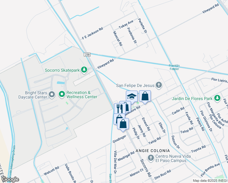 map of restaurants, bars, coffee shops, grocery stores, and more near 11251 Socorro Road in Socorro