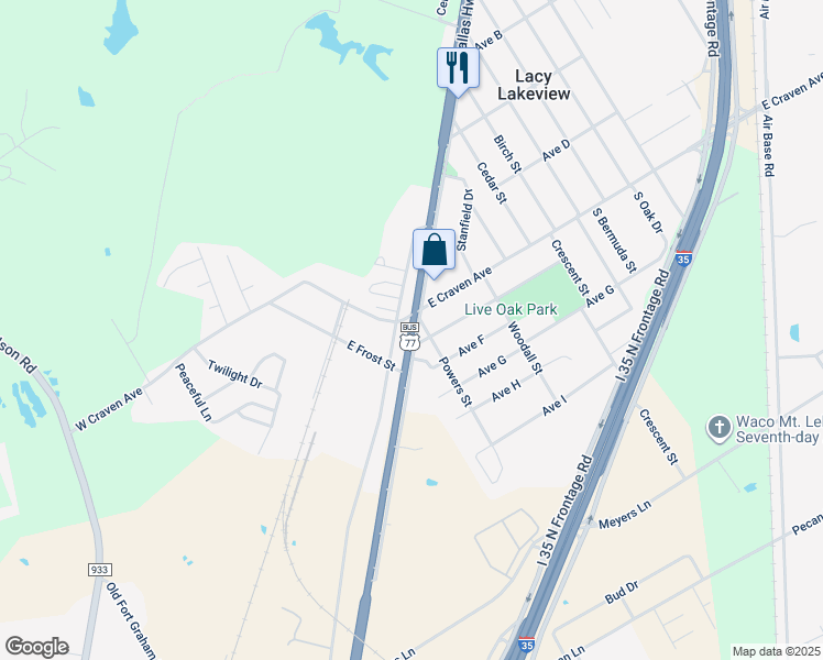 map of restaurants, bars, coffee shops, grocery stores, and more near 102 Old Dallas Road in Waco
