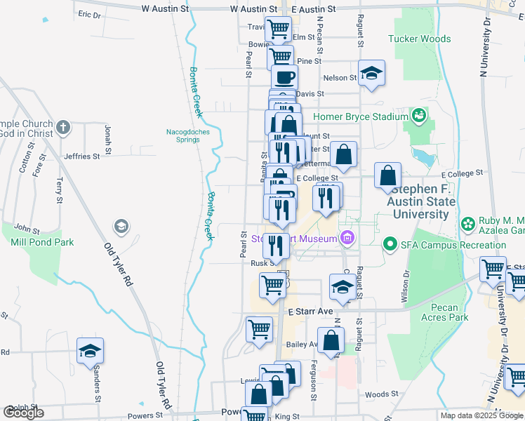 map of restaurants, bars, coffee shops, grocery stores, and more near 1923 Banita Street in Nacogdoches