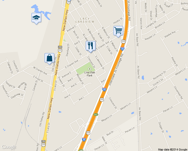 map of restaurants, bars, coffee shops, grocery stores, and more near 407 Crescent Street in Waco