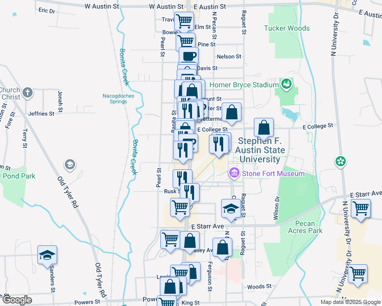 map of restaurants, bars, coffee shops, grocery stores, and more near 1942 North Street in Nacogdoches