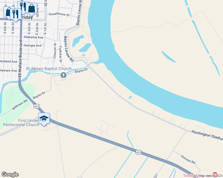 map of restaurants, bars, coffee shops, grocery stores, and more near 500 Huntington Stadium Fisherman South Drive in Ferriday