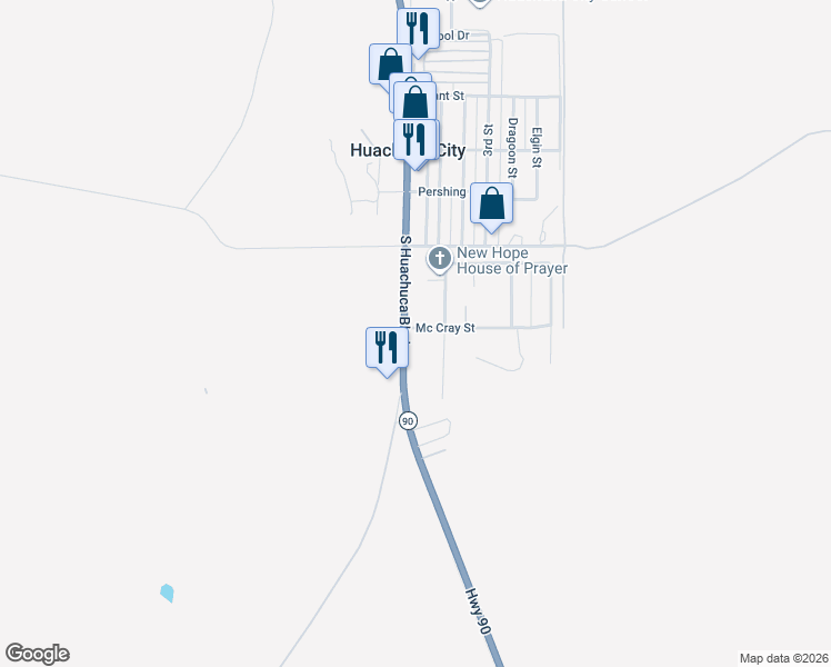 map of restaurants, bars, coffee shops, grocery stores, and more near 201 South Huachuca Boulevard in Huachuca City
