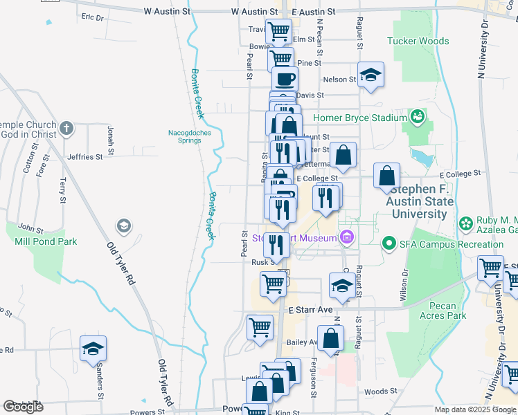 map of restaurants, bars, coffee shops, grocery stores, and more near 1923 Banita Street in Nacogdoches