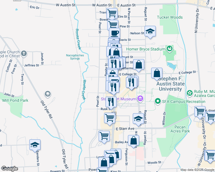 map of restaurants, bars, coffee shops, grocery stores, and more near in Nacogdoches