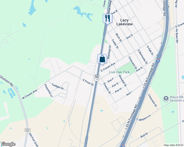 map of restaurants, bars, coffee shops, grocery stores, and more near 102 Old Dallas Road in Waco