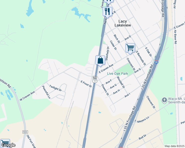 map of restaurants, bars, coffee shops, grocery stores, and more near 102 Old Dallas Road in Waco
