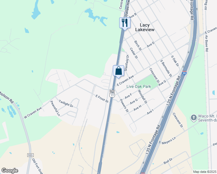 map of restaurants, bars, coffee shops, grocery stores, and more near 102 Old Dallas Road in Waco