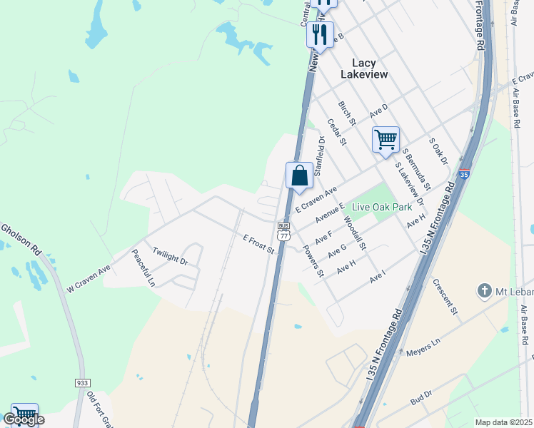 map of restaurants, bars, coffee shops, grocery stores, and more near 101 Wisdom Lane in Lacy Lakeview