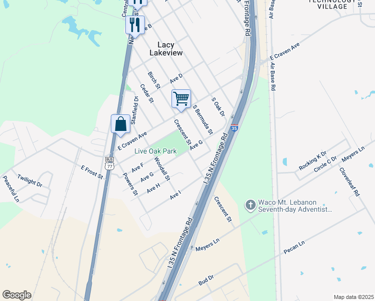map of restaurants, bars, coffee shops, grocery stores, and more near 407 Crescent St in Waco