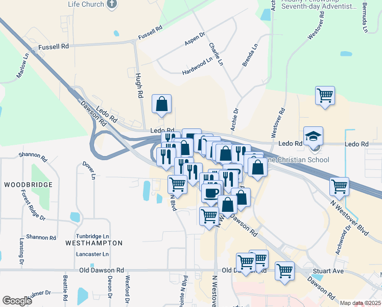 map of restaurants, bars, coffee shops, grocery stores, and more near 2721 Dawson Road in Albany
