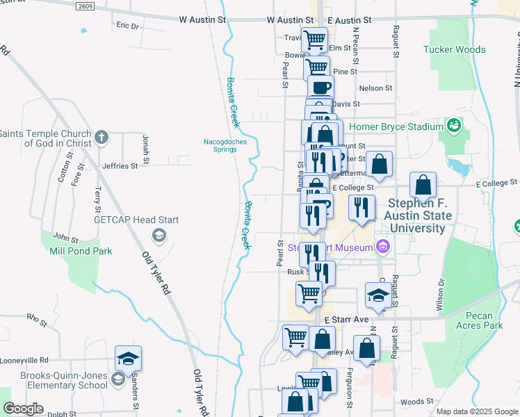 map of restaurants, bars, coffee shops, grocery stores, and more near 4827 Emerald Drive in Nacogdoches