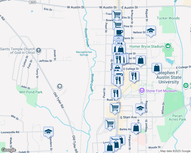 map of restaurants, bars, coffee shops, grocery stores, and more near 4827 Emerald Drive in Nacogdoches