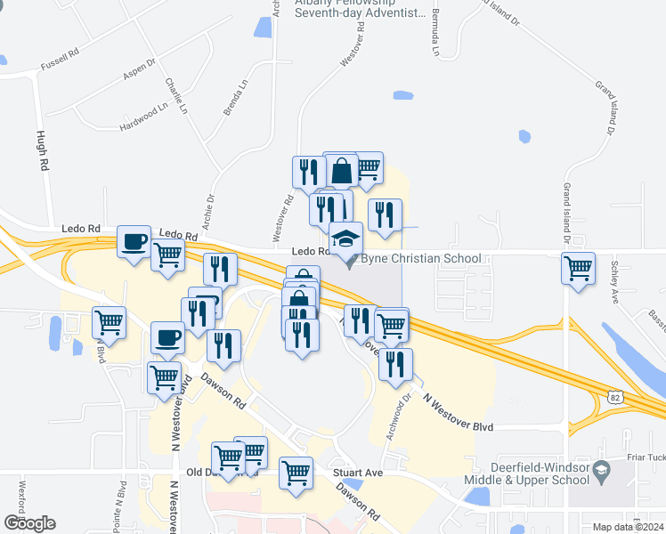 map of restaurants, bars, coffee shops, grocery stores, and more near Liberty Expressway in Albany