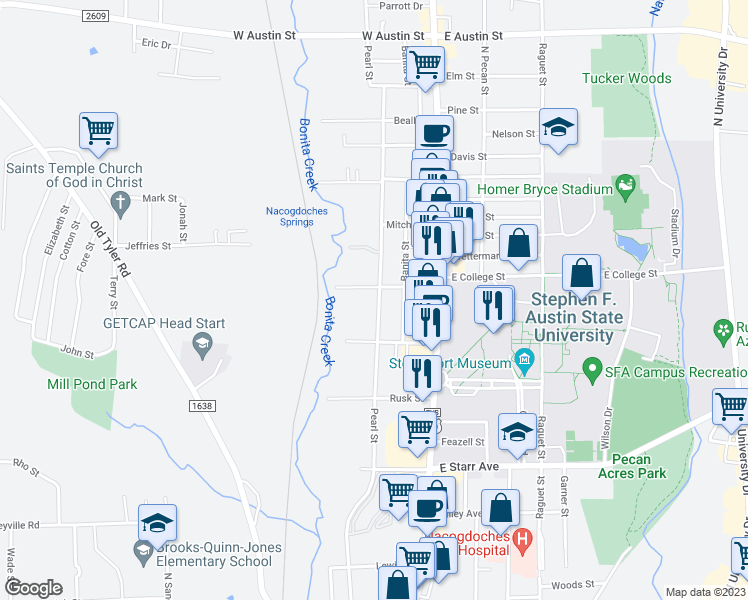 map of restaurants, bars, coffee shops, grocery stores, and more near 2011 Pearl Street in Nacogdoches