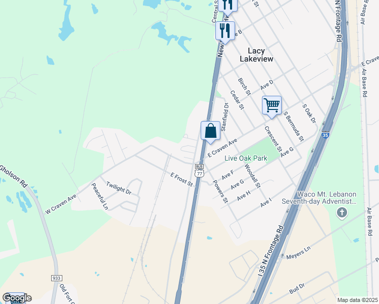 map of restaurants, bars, coffee shops, grocery stores, and more near 102 Old Dallas Road in Waco