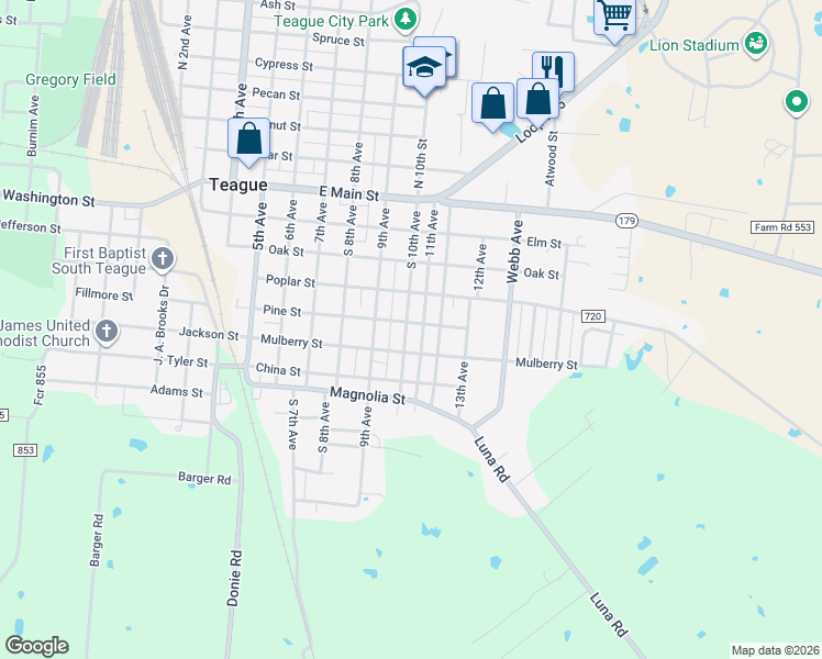 map of restaurants, bars, coffee shops, grocery stores, and more near 412 South 10th Avenue in Teague