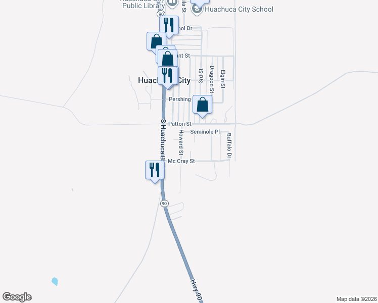 map of restaurants, bars, coffee shops, grocery stores, and more near 107-200 Howard Street in Huachuca City