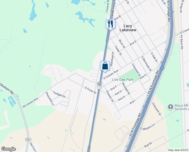 map of restaurants, bars, coffee shops, grocery stores, and more near 108 Meadow Park Circle in Lacy Lakeview