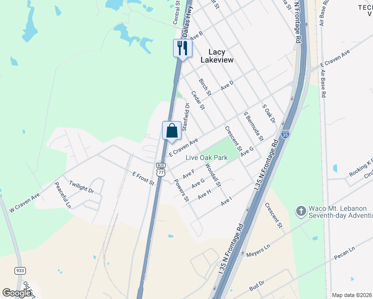 map of restaurants, bars, coffee shops, grocery stores, and more near 234 East Craven Avenue in Waco