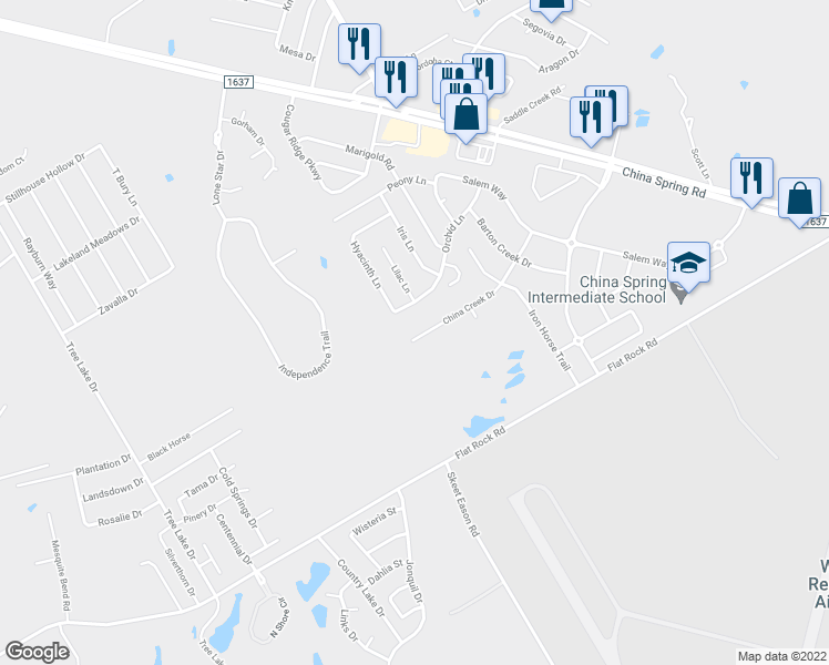 map of restaurants, bars, coffee shops, grocery stores, and more near 10185 China Creek Drive in Waco