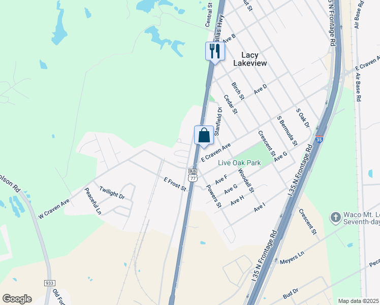 map of restaurants, bars, coffee shops, grocery stores, and more near 108 Meadow Park Circle in Lacy Lakeview
