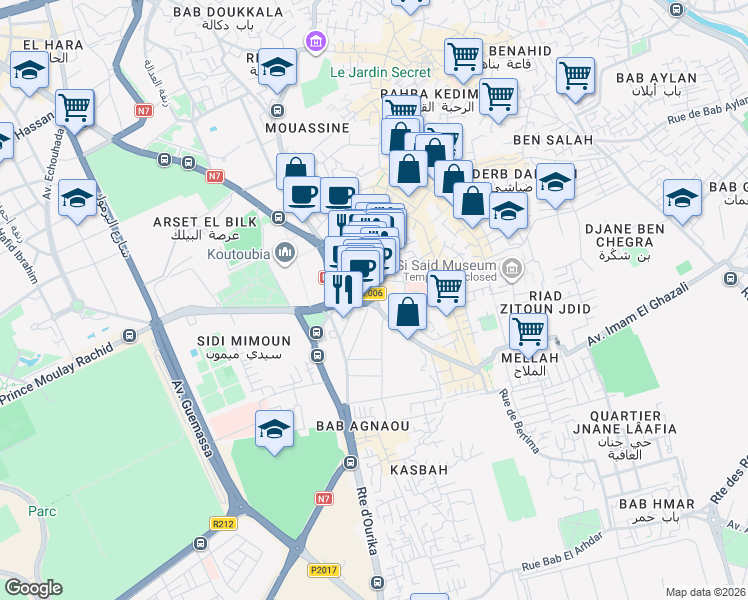 map of restaurants, bars, coffee shops, grocery stores, and more near in Marrakesh