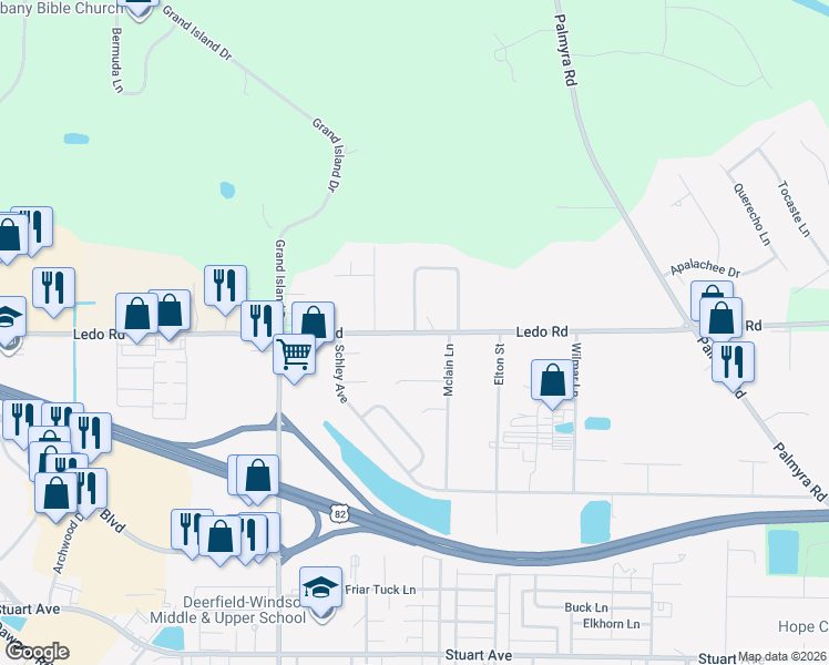 map of restaurants, bars, coffee shops, grocery stores, and more near 2922 Stilwell Circle in Albany