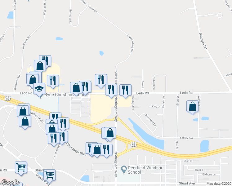 map of restaurants, bars, coffee shops, grocery stores, and more near 2605 Ledo Road in Albany