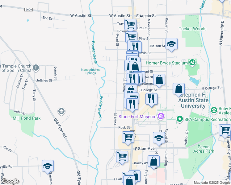 map of restaurants, bars, coffee shops, grocery stores, and more near 2111 Banita Street in Nacogdoches