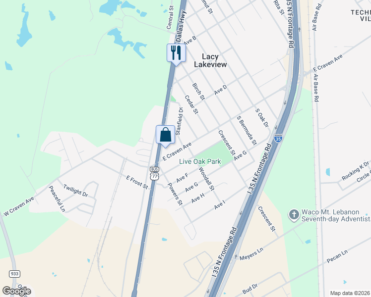 map of restaurants, bars, coffee shops, grocery stores, and more near 234 East Craven Avenue in Waco