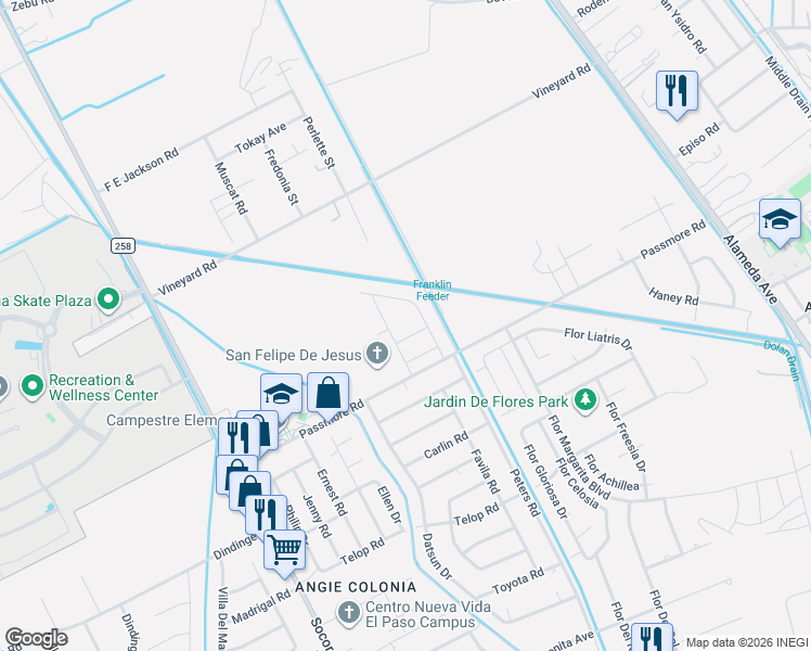 map of restaurants, bars, coffee shops, grocery stores, and more near 11640 San Ruben Lane in Socorro