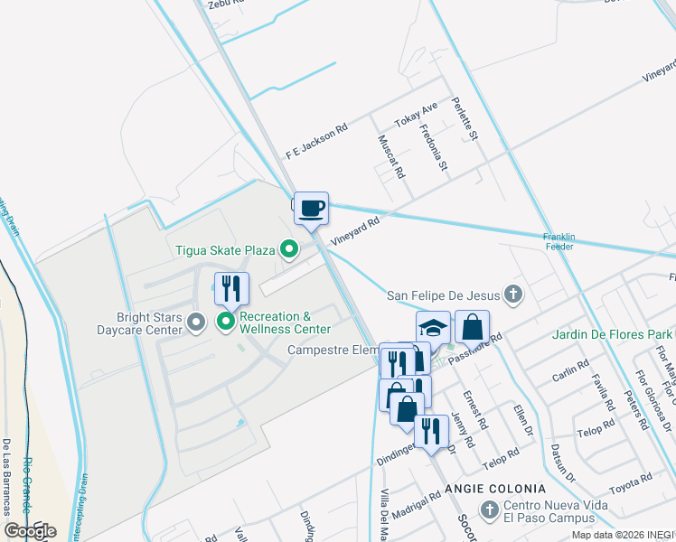 map of restaurants, bars, coffee shops, grocery stores, and more near 11203 Socorro Road in Socorro