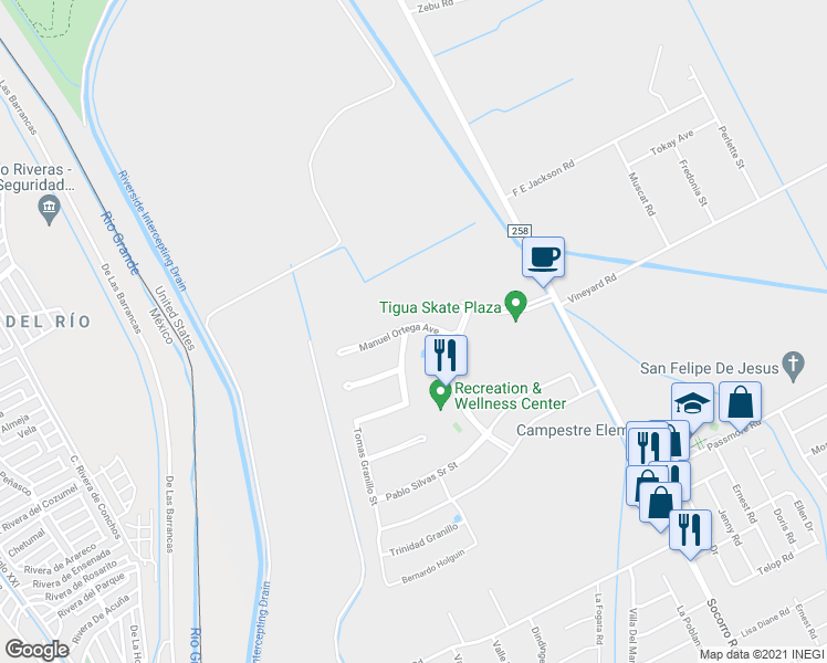 map of restaurants, bars, coffee shops, grocery stores, and more near 11111 Tomas Granillo Street in Socorro