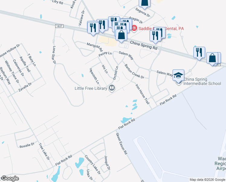 map of restaurants, bars, coffee shops, grocery stores, and more near 10165 China Creek Drive in Waco