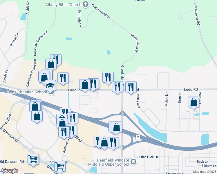 map of restaurants, bars, coffee shops, grocery stores, and more near 2725 Ledo Road in Albany