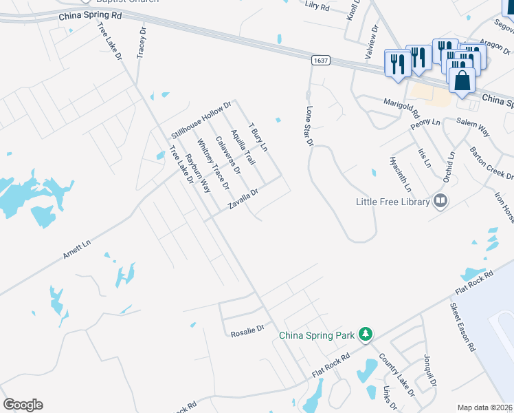 map of restaurants, bars, coffee shops, grocery stores, and more near 5440 Zavalla Drive in Waco